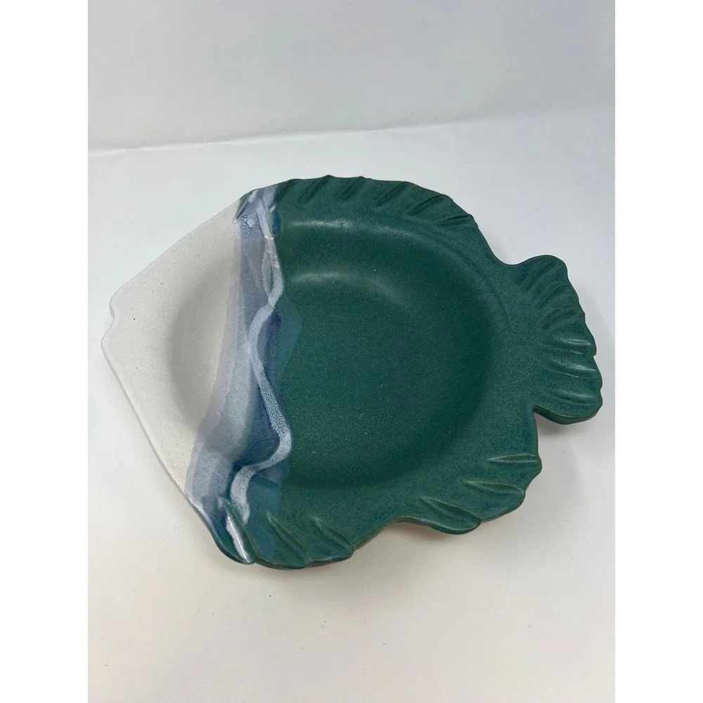 Ceramic Fish Shaped Serving Dish Deep Green White Glaze Ocean‎ Coastal